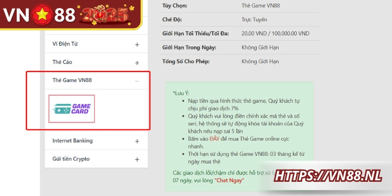 Hình thức gửi vốn vào tài khoản qua thẻ game VN88